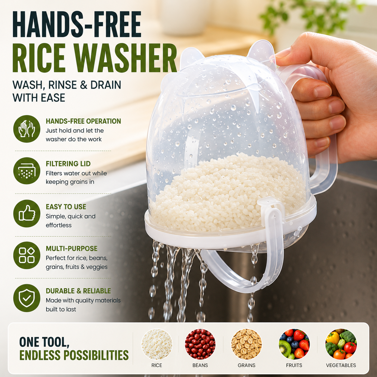 Automatic Hands-Free Rice Washing Tool Convenience Strainer with Filtering Lid Ideal for Rice Beans Fruits Vegetables Grains Kitchen Accessories Lazy Rice Cleaning Device Easy to Use Kitchen Gadget