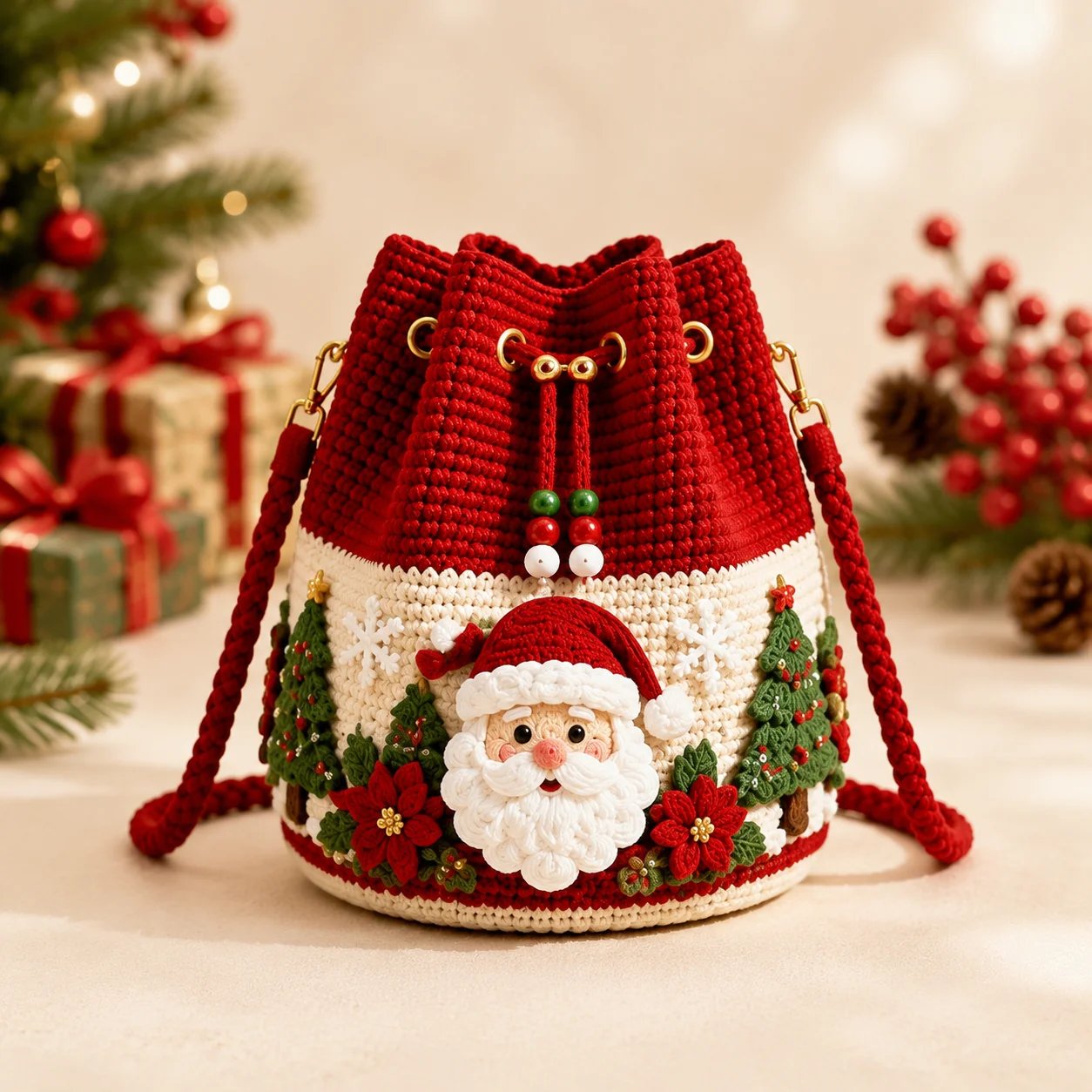 🎄Christmas Crochet Bucket Crossbody Bag 🎅 | 4 Styles Hand‑Knitted Drawstring Shoulder Purse