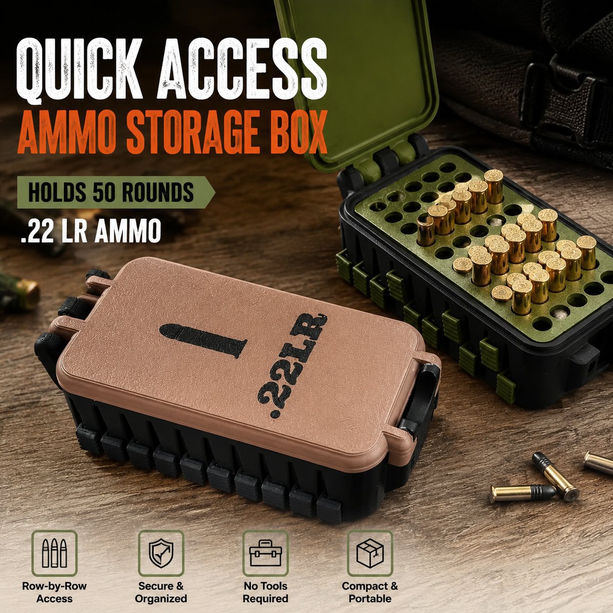 💥🔥Quick Access Ammo Storage Box – 50 Round Lift-Up Design Cartridge Organizer for Range & Storage