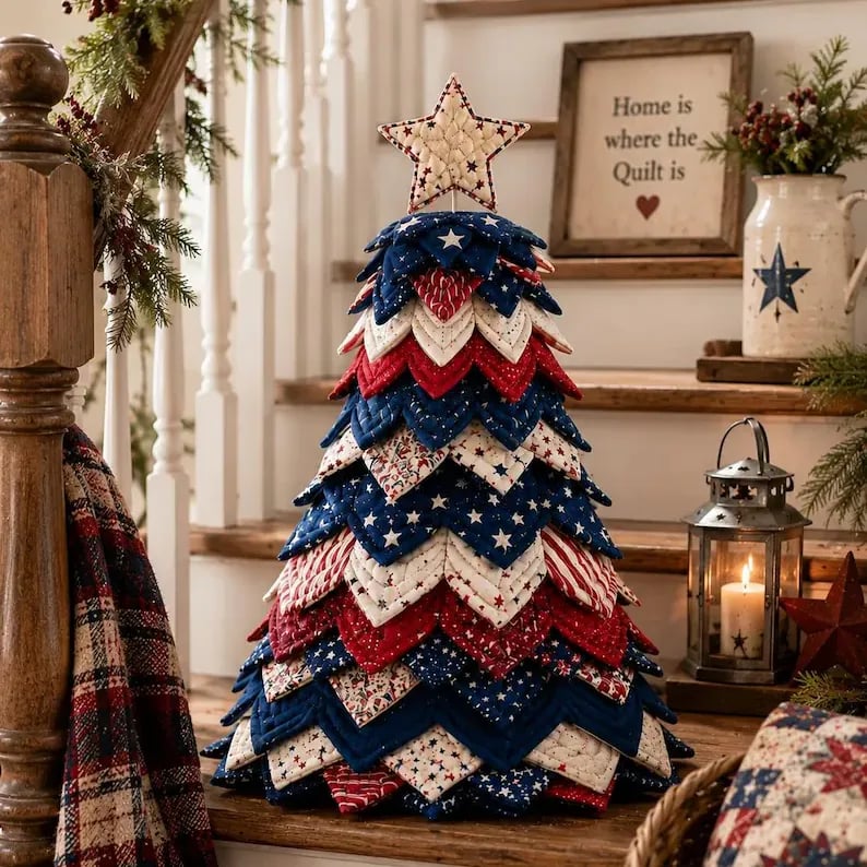 💥 LAST DAY 49% OFF - Americana Christmas Tree Quilt Kit – Easy Layered Fabric Holiday Décor for Quilting Lovers
