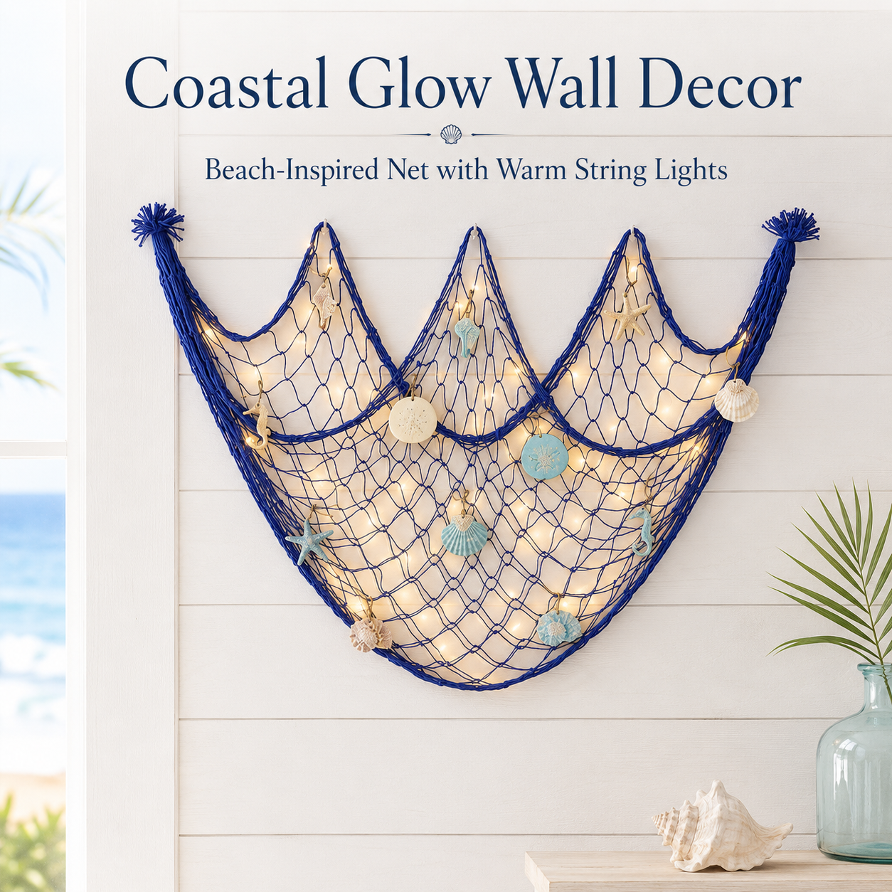 🌊✨ Coastal Fishing Net Wall Hanging with Fairy Lights