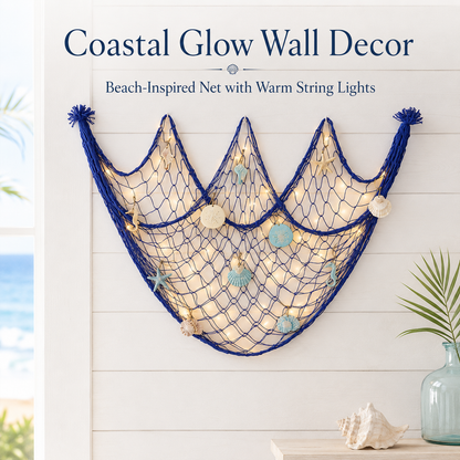 🌊✨ Coastal Fishing Net Wall Hanging with Fairy Lights