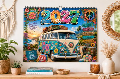 🌼2027 Hippie Boho Wall Calendar – Retro Road Trip Calendar📅