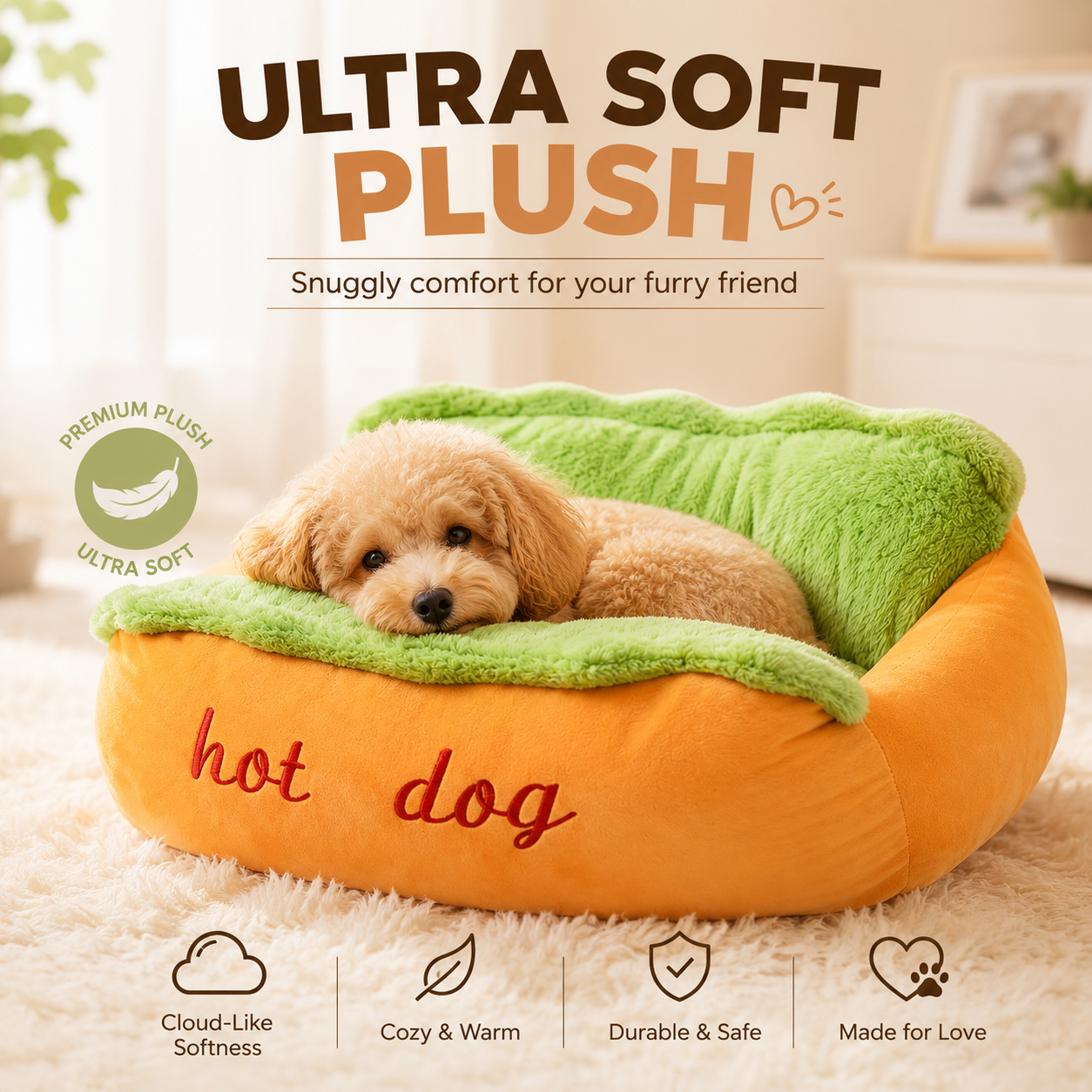 🌭 Hot Dog Dog Bed – Cute Plush Pet Sofa for Small Dogs & Cats