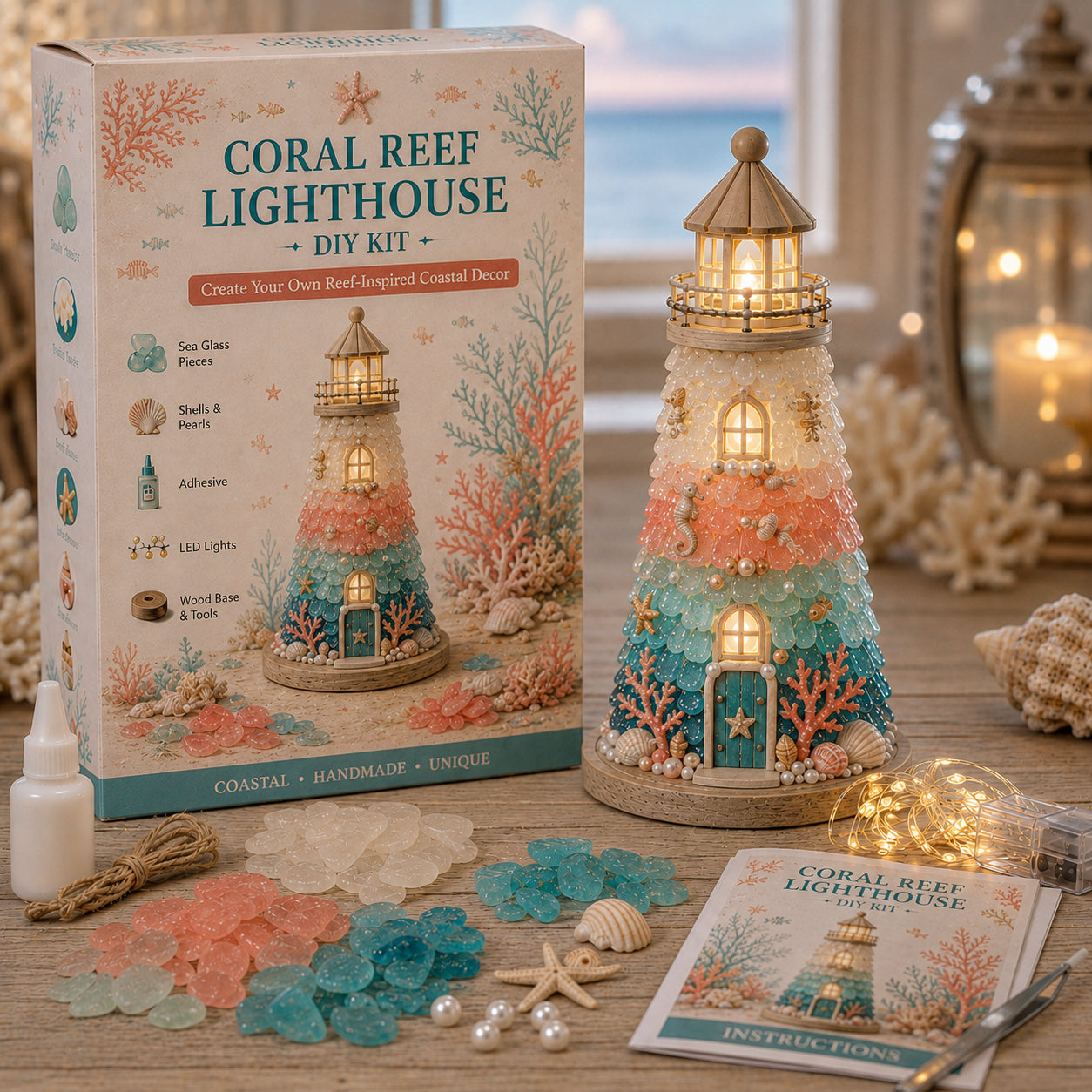 🌊🧜‍♀️✨ DIY Sea Glass Lighthouse Kit 🎨🗼– Light-Up Coastal Craft & Handmade Home Decor 🏠💡🏖️