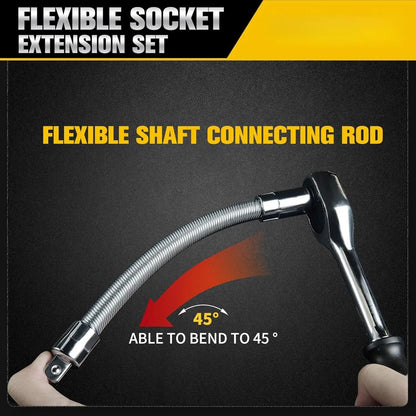 Flexible Socket Extension Bar Set – Bendable Ratchet Wrench Extensions for Tight Spaces, Carbon steel Automotive Repair Tool Kit