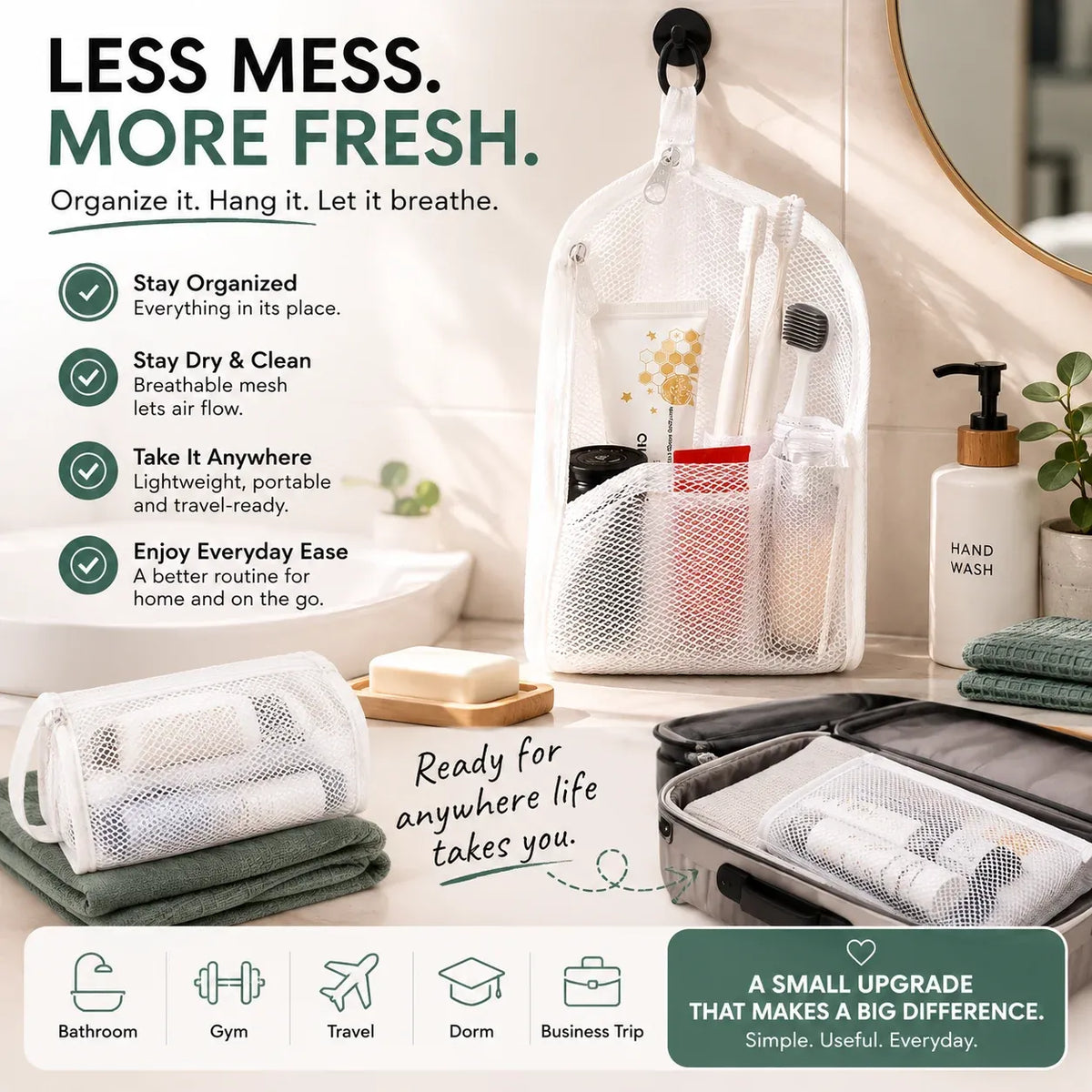Portable Quick-Dry Mesh Toiletry Bags – Hanging Travel Organizers with Toothbrush Slots