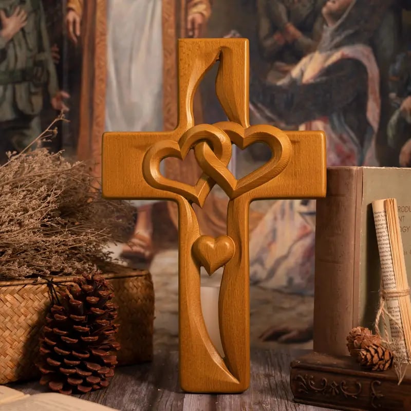 🔥 Last Day 49% OFF – Hand-Carved Intertwined Hearts Wooden Cross ❤️ Perfect Wedding & Anniversary Gift ✝️💞