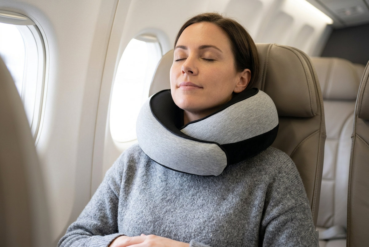 AI-generated scene of a traveler wearing a gray FlyHugz pillow on an airplane