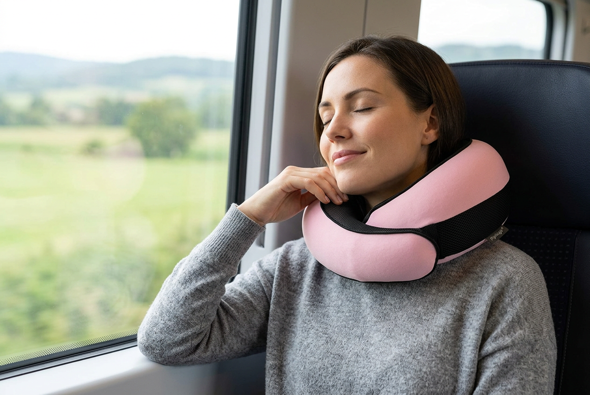 AI-generated scene of a traveler wearing a pink FlyHugz pillow on a train