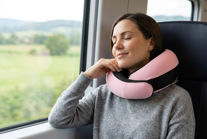 AI-generated scene of a traveler wearing a pink FlyHugz pillow on a train