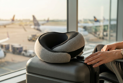 AI-generated airport scene with a gray FlyHugz pillow on carry-on luggage