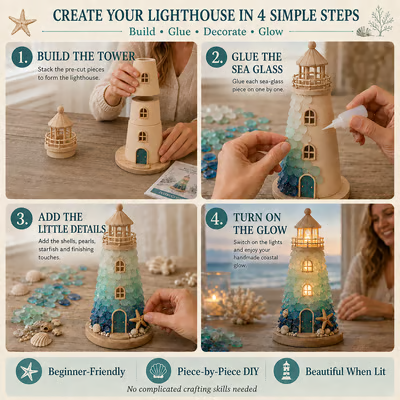 🌊🧜‍♀️✨ DIY Sea Glass Lighthouse Kit 🎨🗼– Light-Up Coastal Craft & Handmade Home Decor 🏠💡🏖️