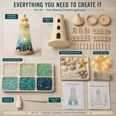🌊🧜‍♀️✨ DIY Sea Glass Lighthouse Kit 🎨🗼– Light-Up Coastal Craft & Handmade Home Decor 🏠💡🏖️