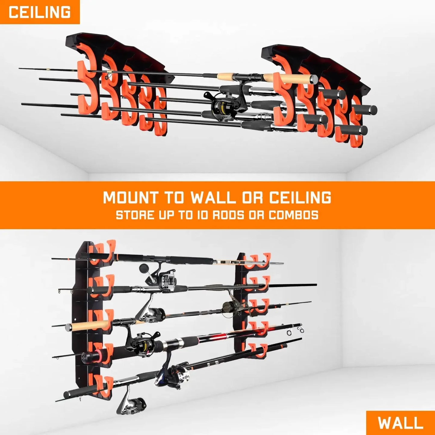 🎣 Heavy-Duty 10-Rod Garage Fishing Pole Holder 💪 – Wall & Ceiling Mount Organizer 🧰🏠