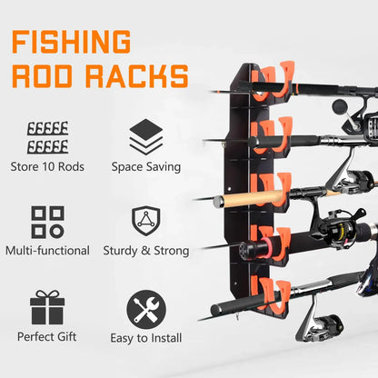 🎣 Heavy-Duty 10-Rod Garage Fishing Pole Holder 💪 – Wall & Ceiling Mount Organizer 🧰🏠