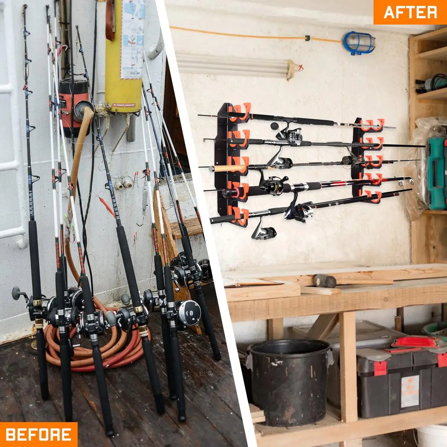 🎣 Heavy-Duty 10-Rod Garage Fishing Pole Holder 💪 – Wall & Ceiling Mount Organizer 🧰🏠