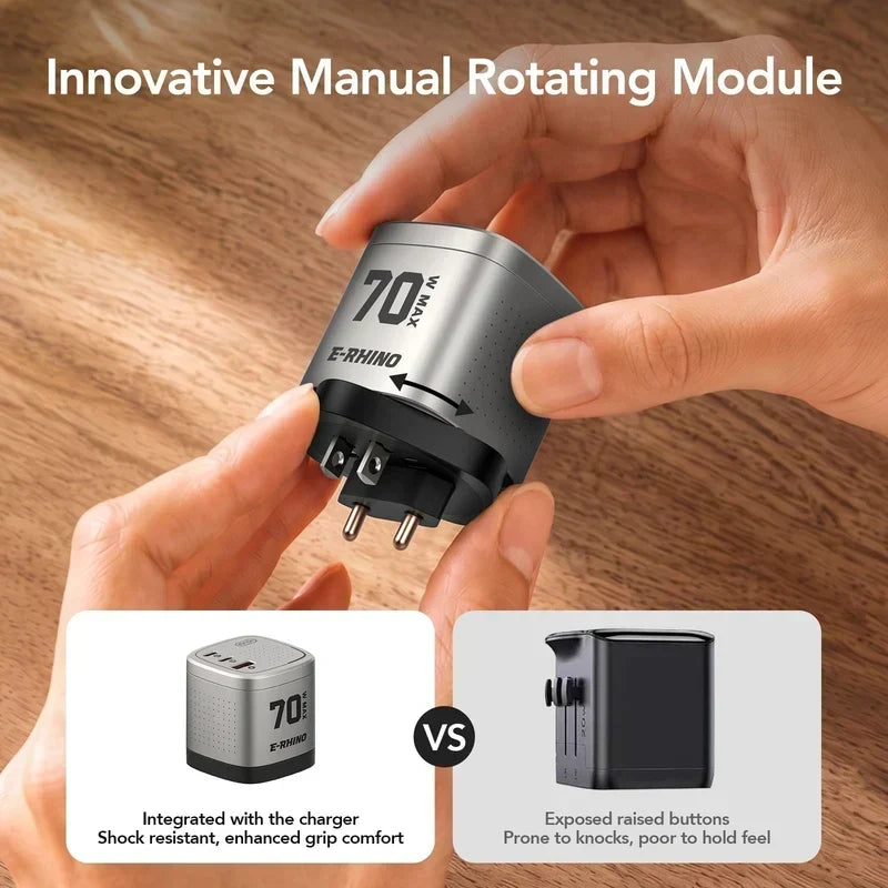 🔥Global Travel Charger (70W, 3-Port, GaN, Integrated Rotary Plug)