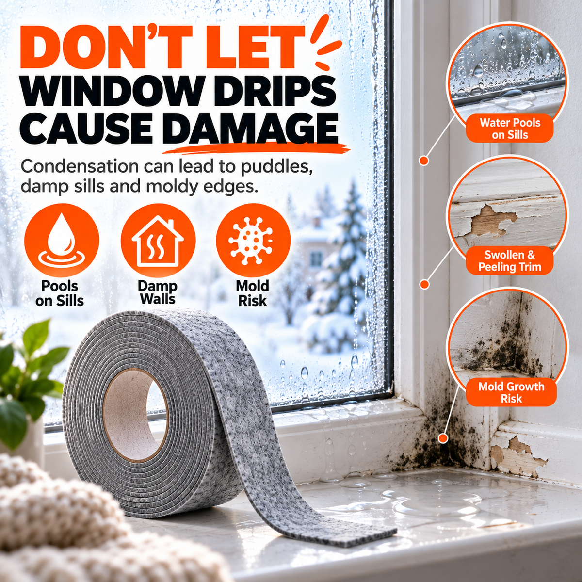 💧 Window Condensation Absorbent Felt Strip ✨ Peel & Stick Moisture Guard