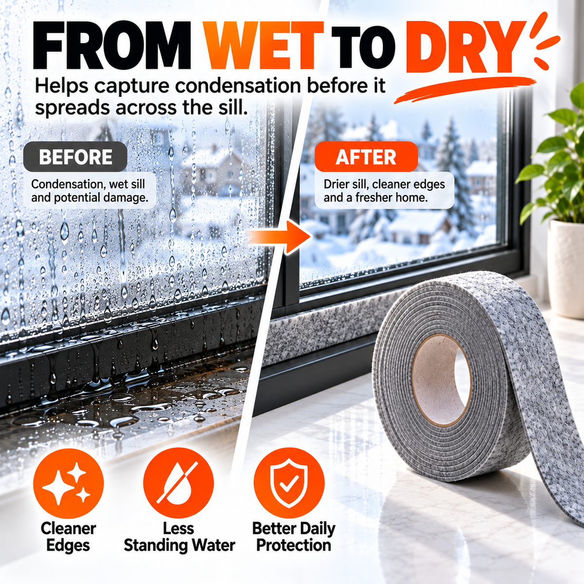 💧 Window Condensation Absorbent Felt Strip ✨ Peel & Stick Moisture Guard