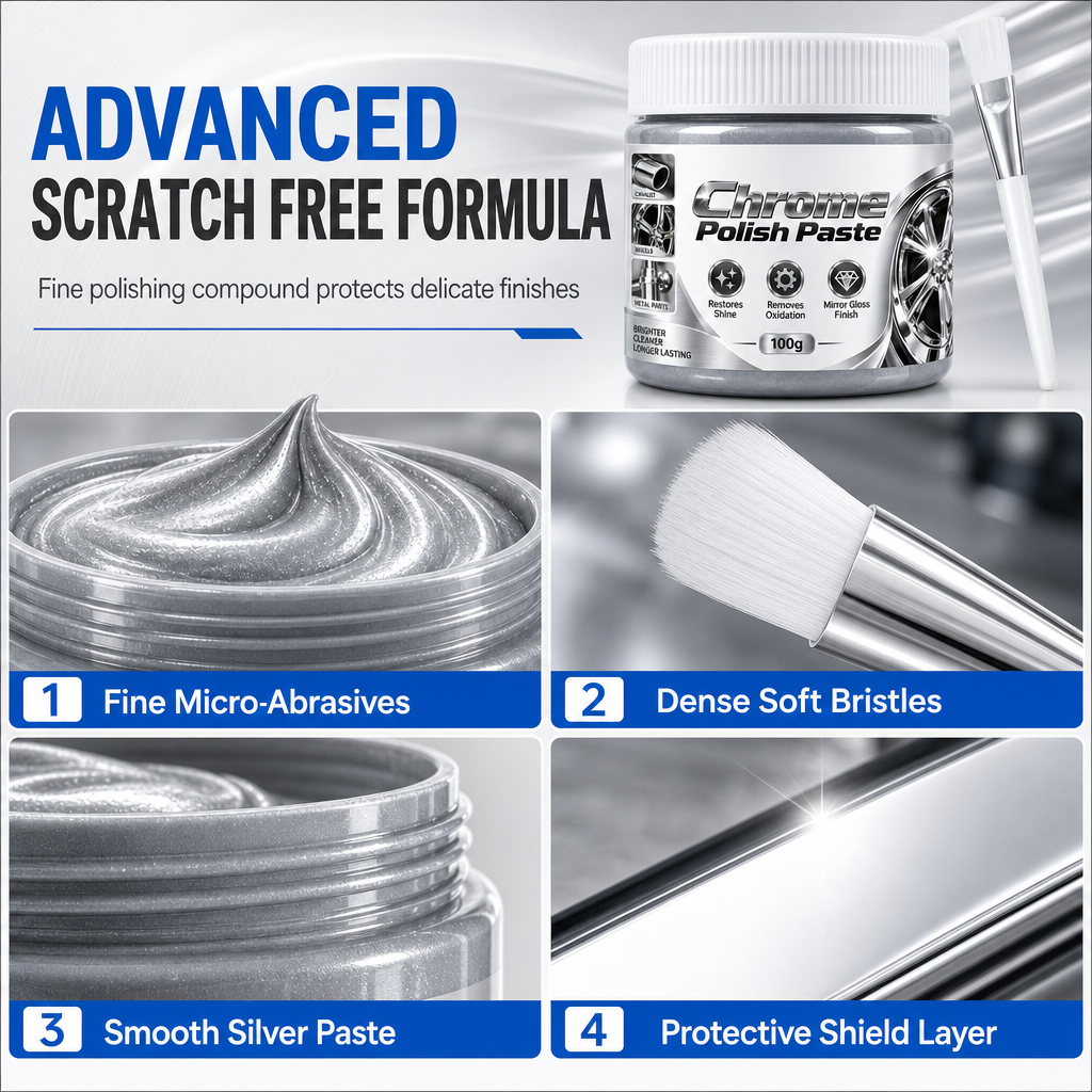 ✨50% OFF NOW! Metal Chrome Polish & Restorer Paste with Brush – Heavy-Duty Chrome Polishing Cream, Oxidation Remover for Car Wheels, Metal Trim, Faucets & Chrome Surfaces
