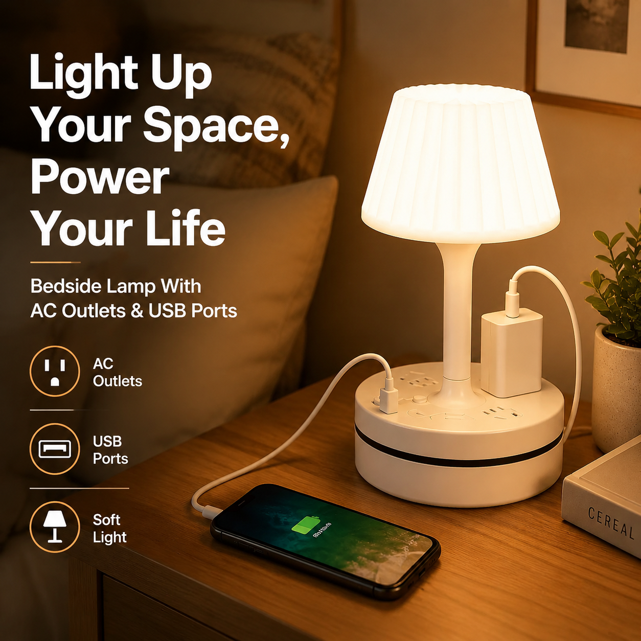 💡 Bedside Lamp + Charging Station – Light & Power in One